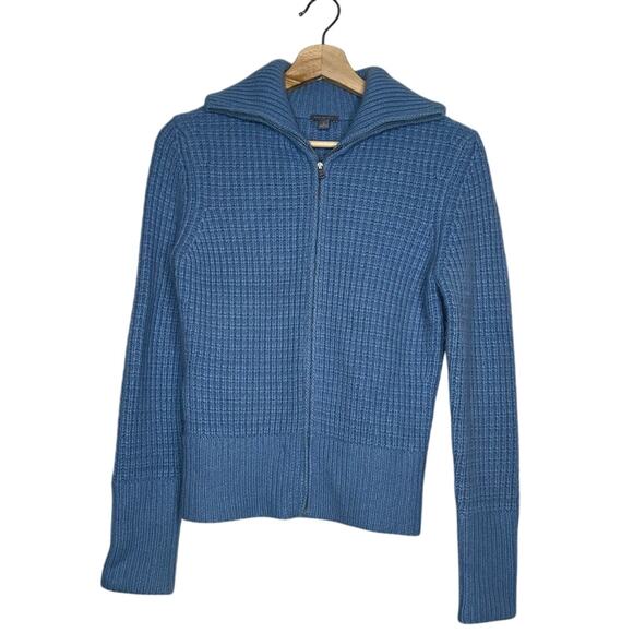 Ann Taylor Full Zip Collared Cashmere Sweater Waffle Knit Light Blue Size Small - Picture 1 of 6